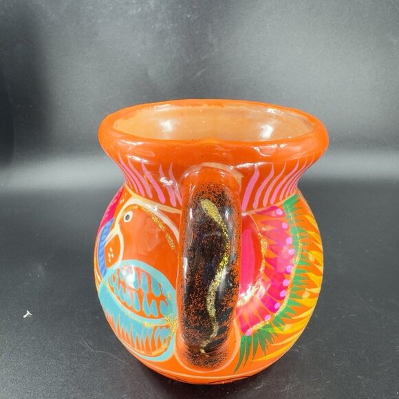 Mexico Tonala Pottery RedWare Coffee Mug Cup Jarrito Hand Painted Birds Vintage - Picture 10 of 13